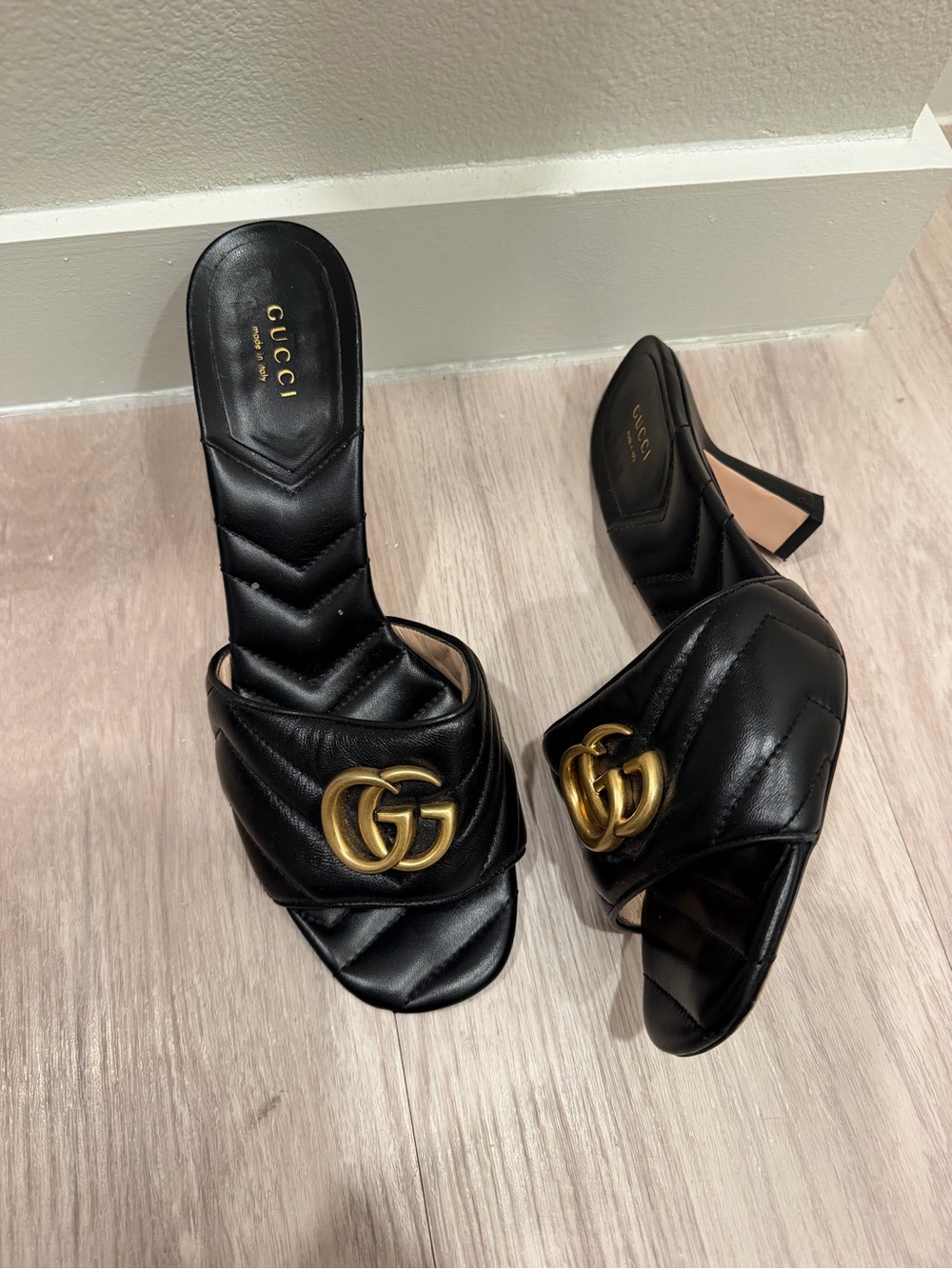 Gucci Black Quilted Leather Slide Mules with Gold GG